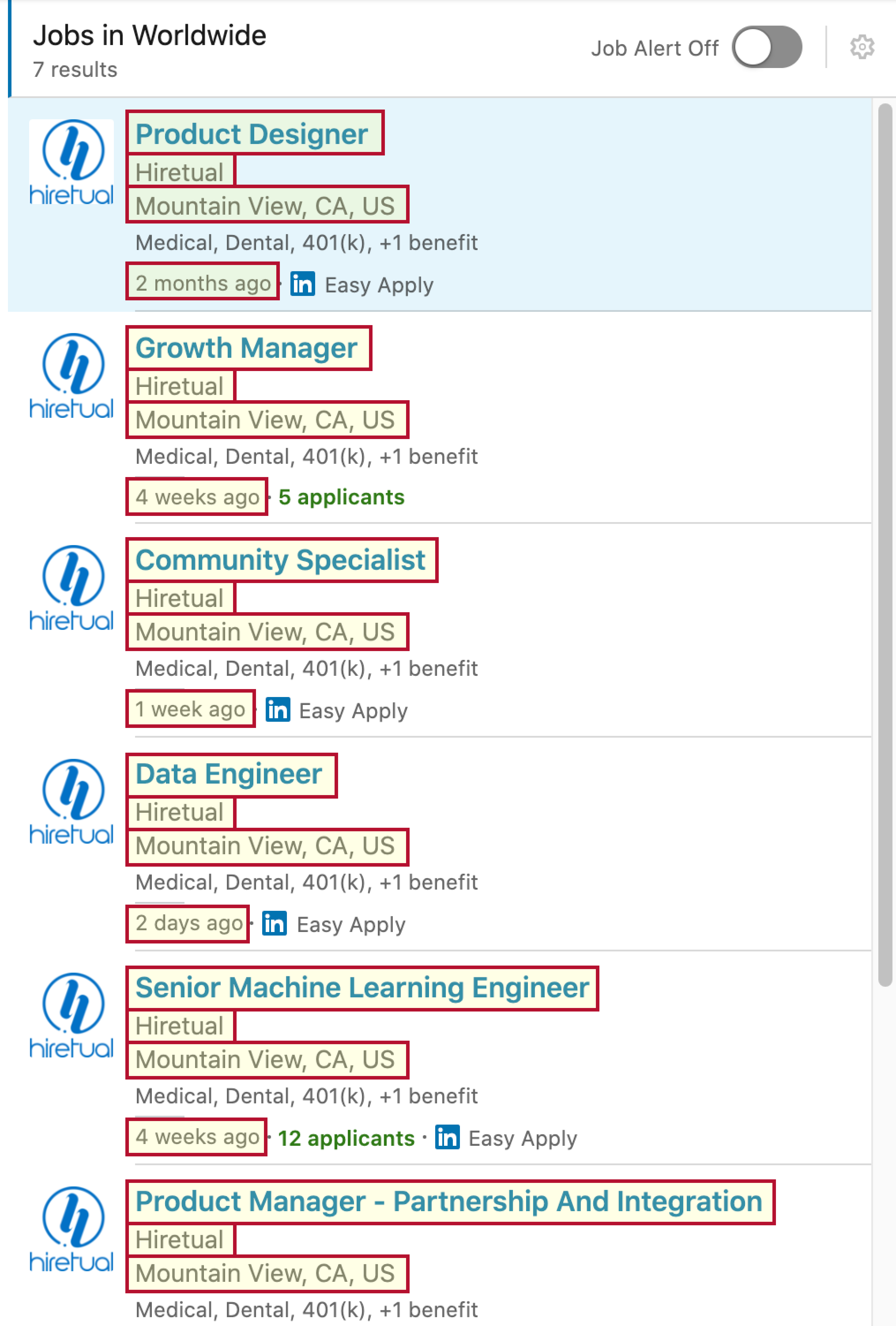 Screenshot of Linkedin Job listing highlighted with areas that are scraped